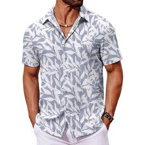 Mens Lite Gray Hawaiian Shirt Short Sleeve Button Down Tropical Floral Beachwear